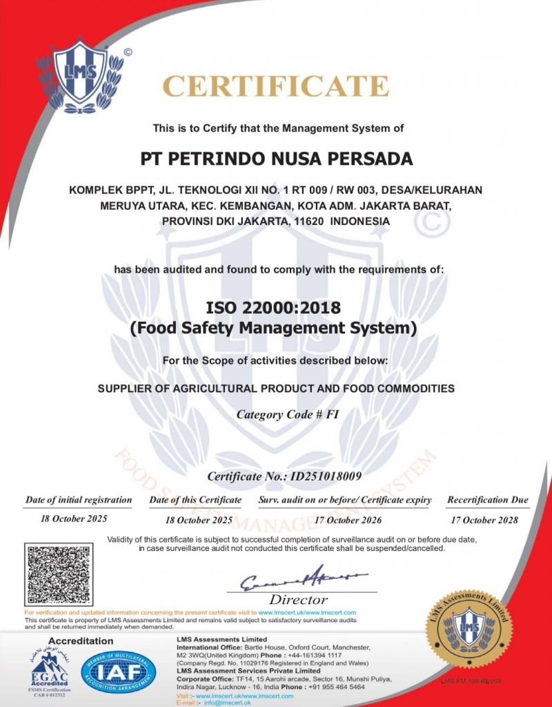 certificate pt petrindo nusa persada iso 22000-2018